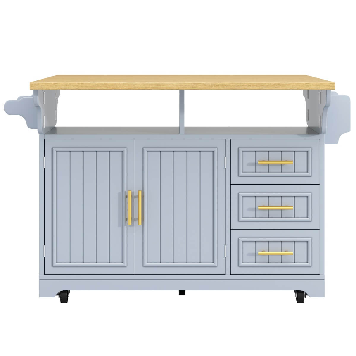 Blue Kitchen Island with Extendable Dining Table - Rolling Kitchen Island with Storage Drawers, Vertical Slat Doors and Double Fold-Out Worktop
