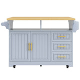 Blue Kitchen Island with Extendable Dining Table - Rolling Kitchen Island with Storage Drawers, Vertical Slat Doors and Double Fold-Out Worktop