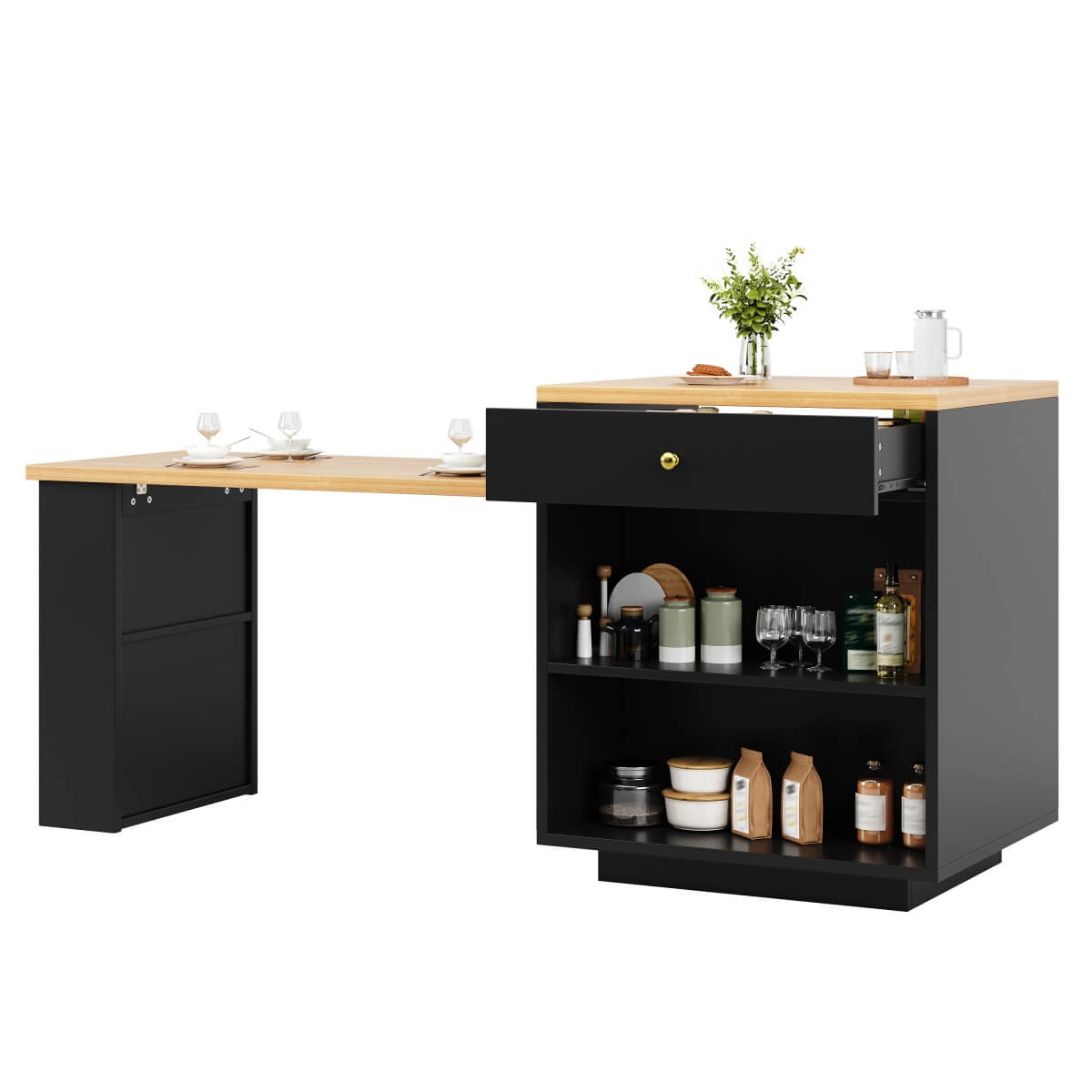 Extendable Kitchen Island with Storage - 122.5–195.5cm Bar Table with 3 Drawers, Wine Rack & Side Shelves, Seats 2–6, Black