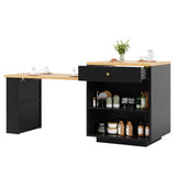 Extendable Kitchen Island with Storage - 122.5–195.5cm Bar Table with 3 Drawers, Wine Rack & Side Shelves, Seats 2–6, Black