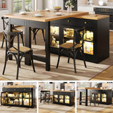 Extendable Kitchen Island - 120-200cm Dining Table with Storage, LED Lights, Drawers & Glass Cabinets, Black