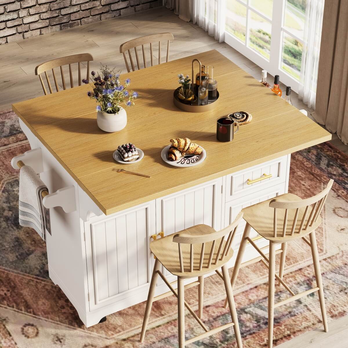 White Kitchen Island with Extendable Dining Table - Rolling Kitchen Island with Storage Drawers, Vertical Slat Doors and Double Fold-Out Worktop