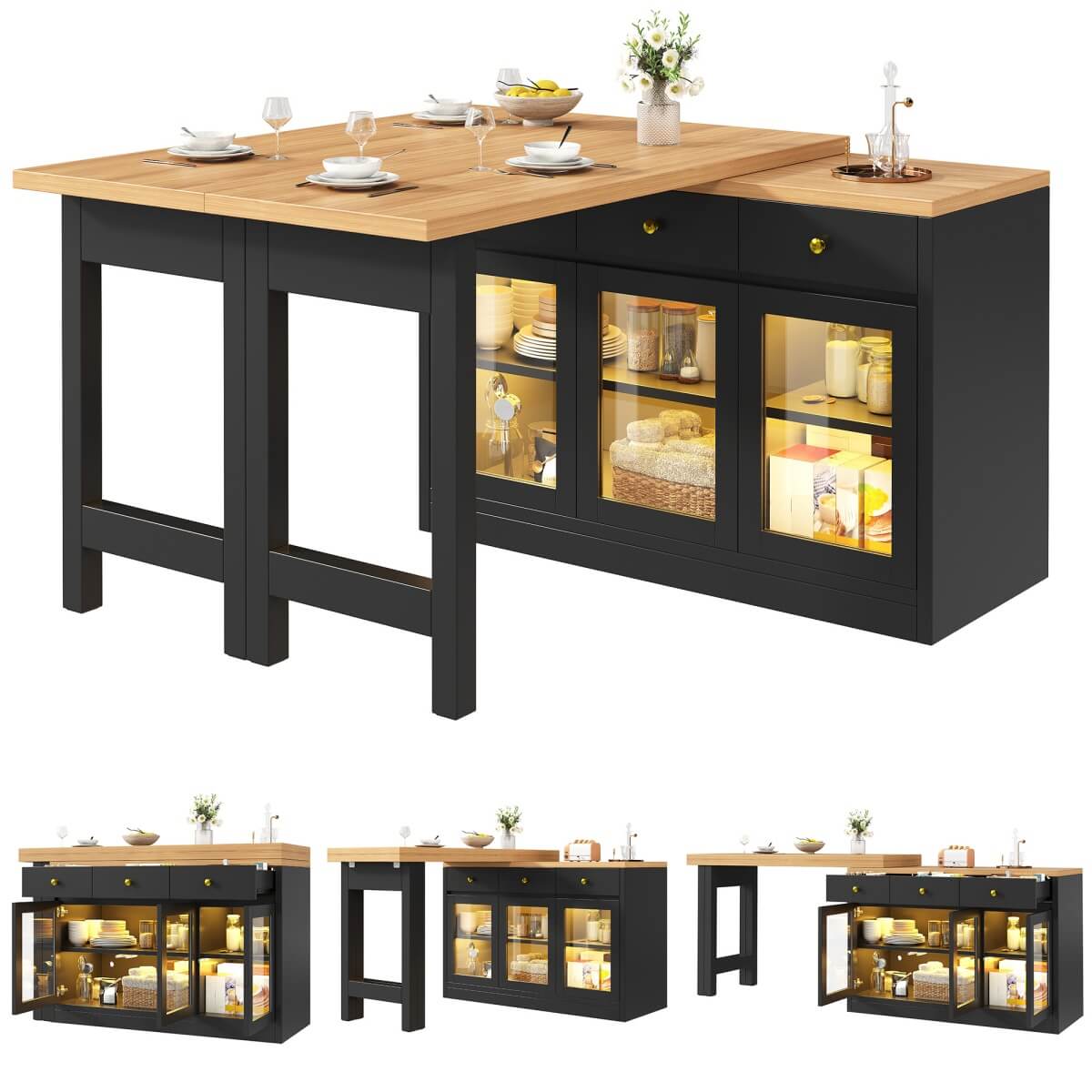 Extendable Kitchen Island - 120-200cm Dining Table with Storage, LED Lights, Drawers & Glass Cabinets, Black