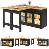 Extendable Kitchen Island - 120-200cm Dining Table with Storage, LED Lights, Drawers & Glass Cabinets, Black