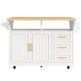 White Kitchen Island with Extendable Dining Table - Rolling Kitchen Island with Storage Drawers, Vertical Slat Doors and Double Fold-Out Worktop