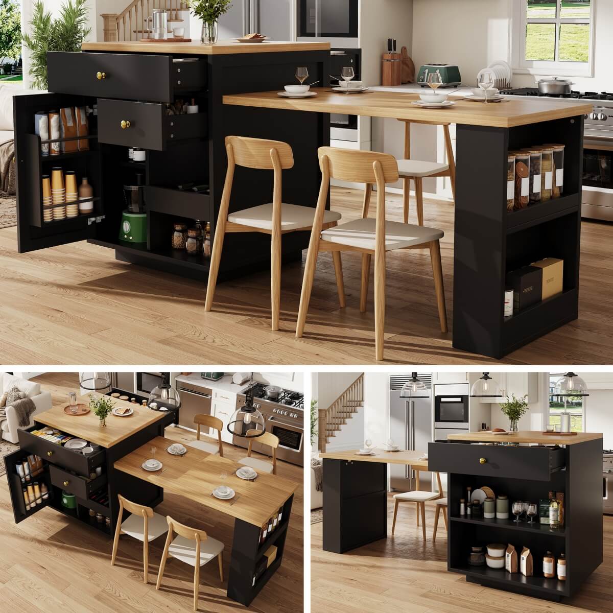 Extendable Kitchen Island with Storage - 122.5–195.5cm Bar Table with 3 Drawers, Wine Rack & Side Shelves, Seats 2–6, Black