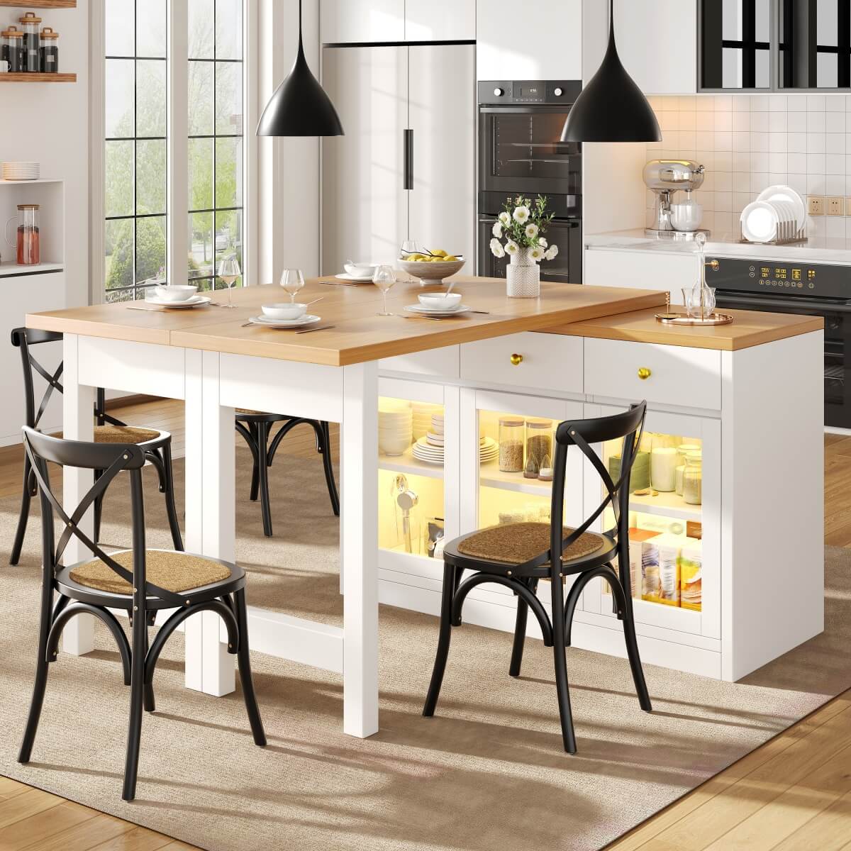 Extendable Kitchen Island with LED Lights - 120-200cm Dining Table with Storage, Drawers and Glass Cabinets, White