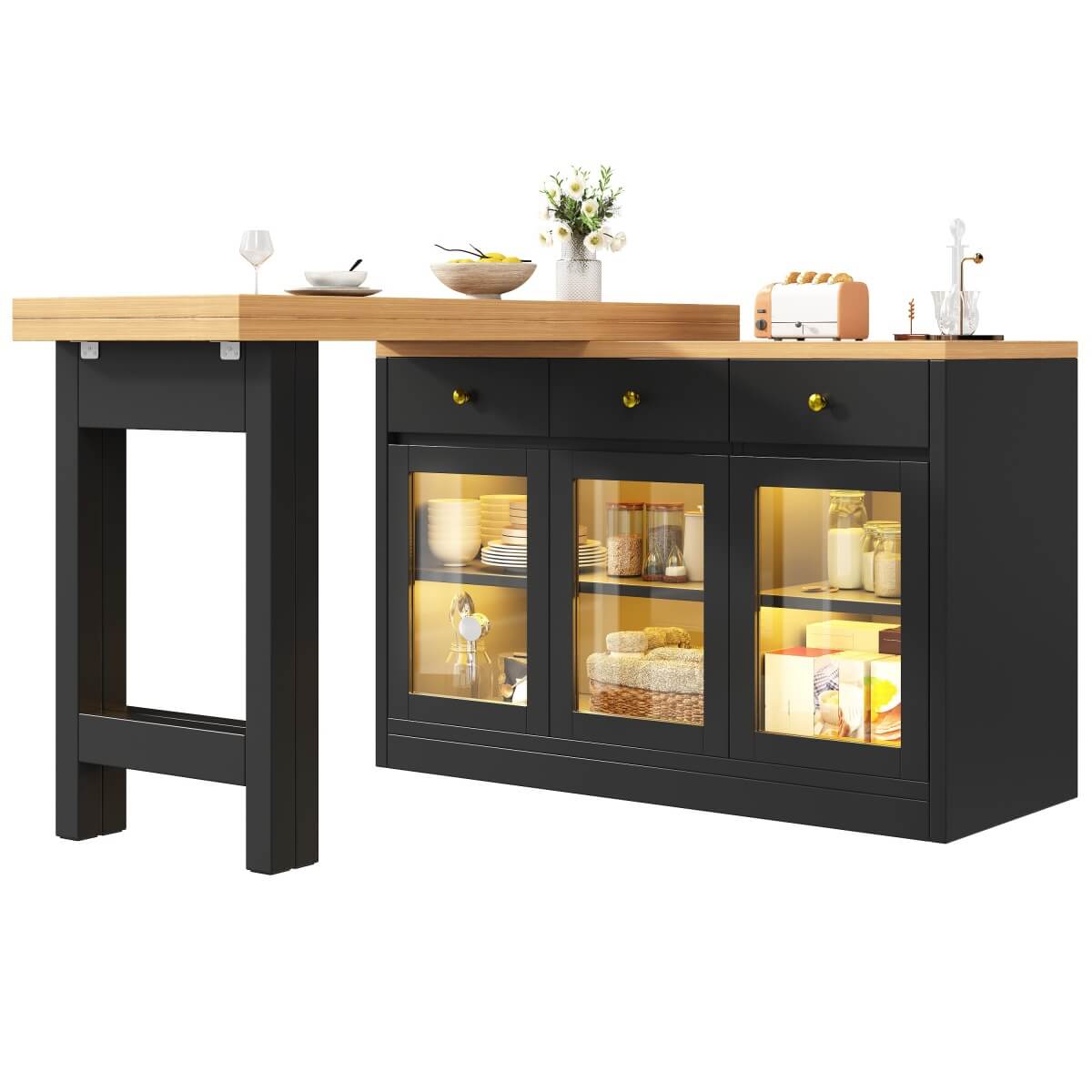 Extendable Kitchen Island - 120-200cm Dining Table with Storage, LED Lights, Drawers & Glass Cabinets, Black