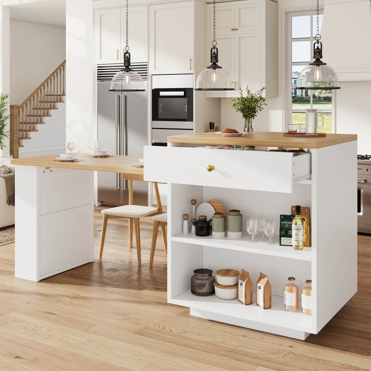 Extendable Kitchen Island Bar Table - Dining Cart with Storage, 3 Drawers & Wine Rack, Seats 2–6, White