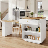 Extendable Kitchen Island Bar Table - Dining Cart with Storage, 3 Drawers & Wine Rack, Seats 2–6, White