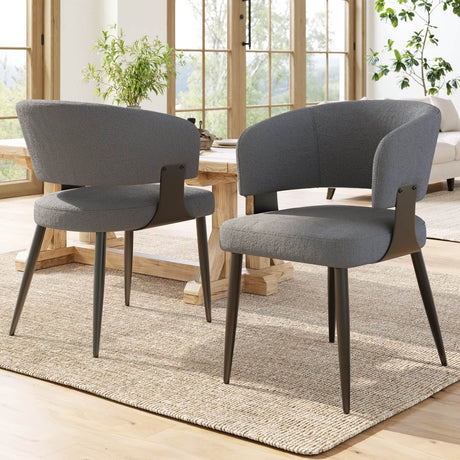 Set of 2 Modern Dining Chairs – Upholstered Fabric Dining Room Chairs with Curved Backrest, Padded Seat and Metal Legs - Abrihome UK