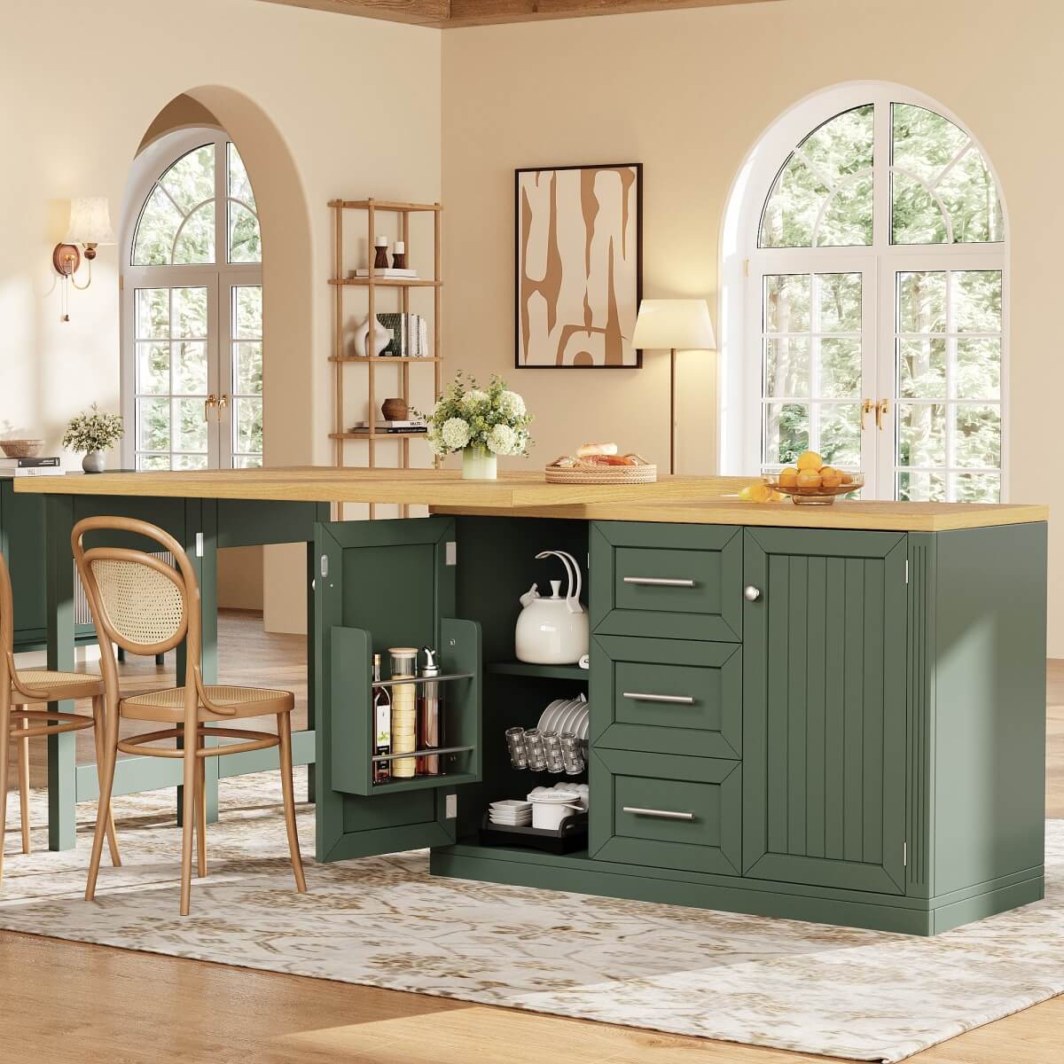 Extendable Kitchen Island with Storage - Sideboard Dining Table with 3 Drawers & Snack Racks, Antique Green