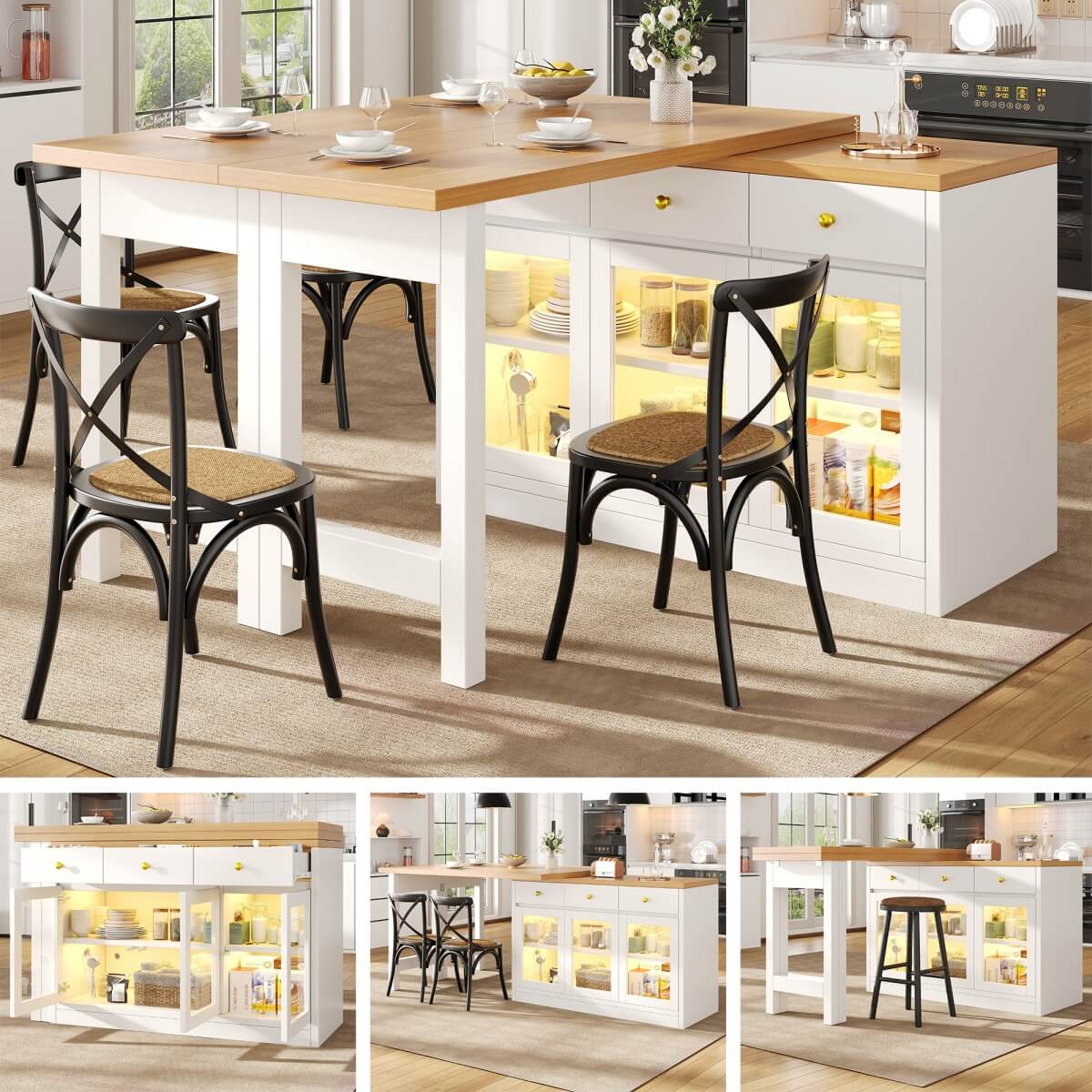 Extendable Kitchen Island with LED Lights - 120-200cm Dining Table with Storage, Drawers and Glass Cabinets, White
