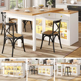 Extendable Kitchen Island with LED Lights - 120-200cm Dining Table with Storage, Drawers and Glass Cabinets, White