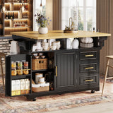 Black Kitchen Island with Extendable Dining Table - Rolling Kitchen Island with Storage Drawers, Vertical Slat Doors and Double Fold-Out Worktop