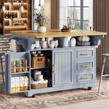 Blue Kitchen Island with Extendable Dining Table - Rolling Kitchen Island with Storage Drawers, Vertical Slat Doors and Double Fold-Out Worktop