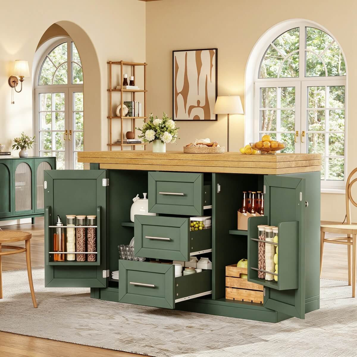 Extendable Kitchen Island with Storage - Sideboard Dining Table with 3 Drawers & Snack Racks, Antique Green