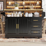 Black Kitchen Island with Extendable Dining Table - Rolling Kitchen Island with Storage Drawers, Vertical Slat Doors and Double Fold-Out Worktop