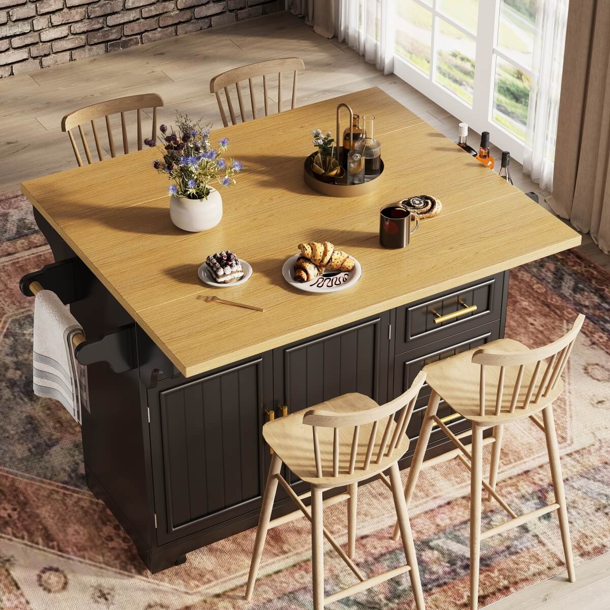 Black Kitchen Island with Extendable Dining Table - Rolling Kitchen Island with Storage Drawers, Vertical Slat Doors and Double Fold-Out Worktop