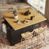 Black Kitchen Island with Extendable Dining Table - Rolling Kitchen Island with Storage Drawers, Vertical Slat Doors and Double Fold-Out Worktop
