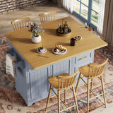 Blue Kitchen Island with Extendable Dining Table - Rolling Kitchen Island with Storage Drawers, Vertical Slat Doors and Double Fold-Out Worktop