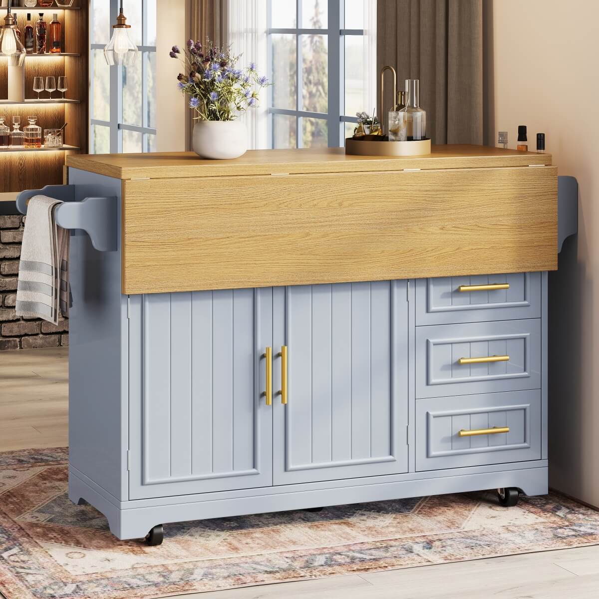Blue Kitchen Island with Extendable Dining Table - Rolling Kitchen Island with Storage Drawers, Vertical Slat Doors and Double Fold-Out Worktop