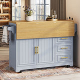 Blue Kitchen Island with Extendable Dining Table - Rolling Kitchen Island with Storage Drawers, Vertical Slat Doors and Double Fold-Out Worktop
