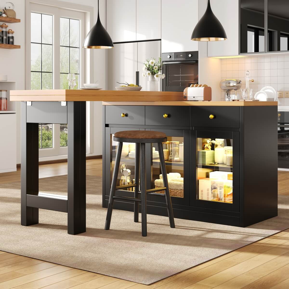 Extendable Kitchen Island - 120-200cm Dining Table with Storage, LED Lights, Drawers & Glass Cabinets, Black
