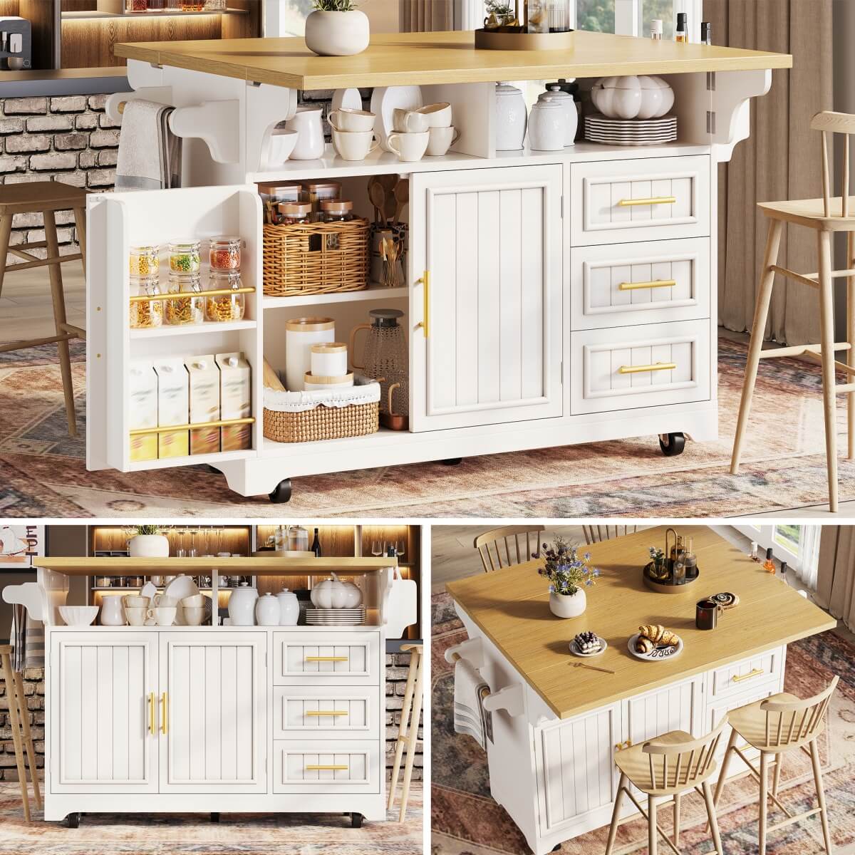 White Kitchen Island with Extendable Dining Table - Rolling Kitchen Island with Storage Drawers, Vertical Slat Doors and Double Fold-Out Worktop