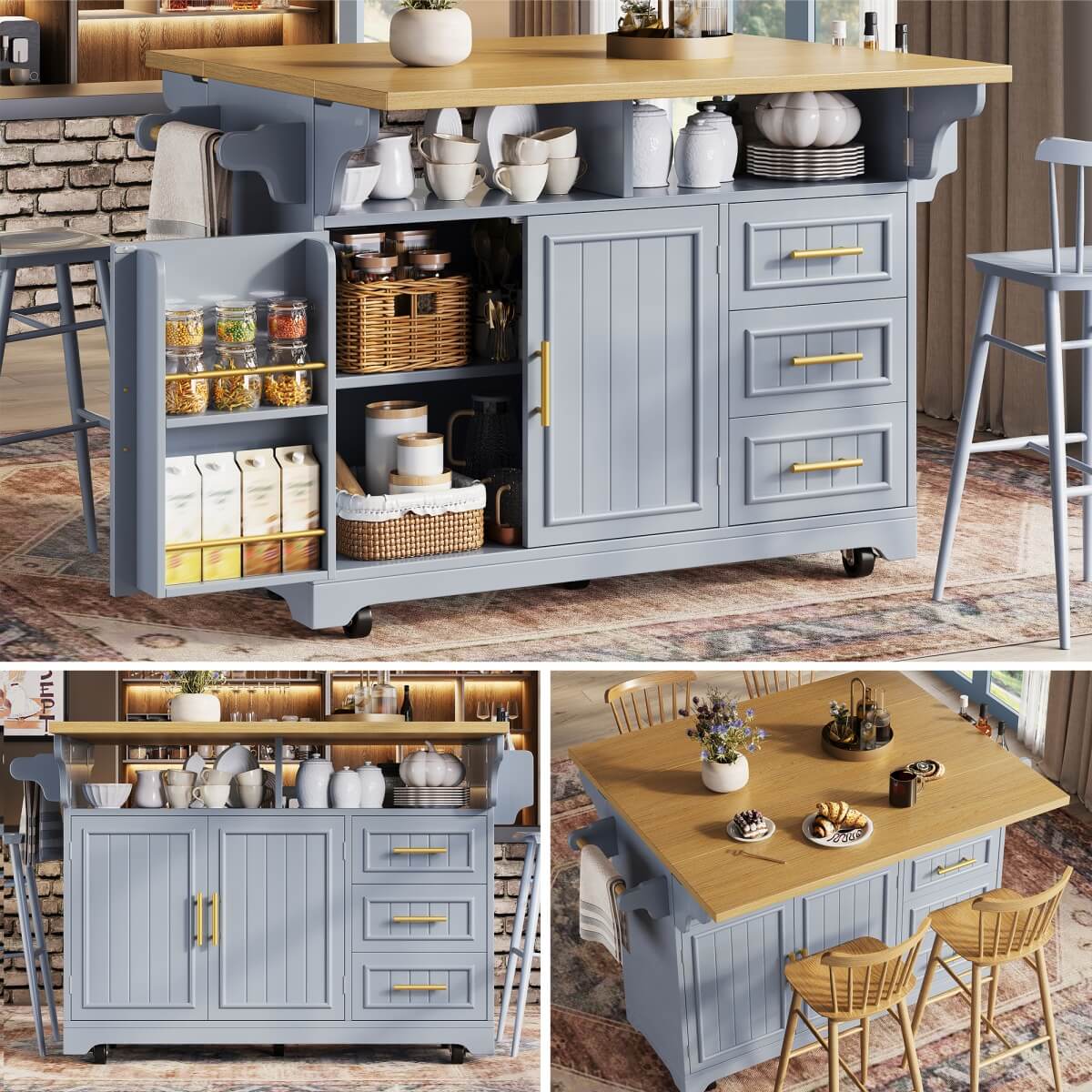 Blue Kitchen Island with Extendable Dining Table - Rolling Kitchen Island with Storage Drawers, Vertical Slat Doors and Double Fold-Out Worktop