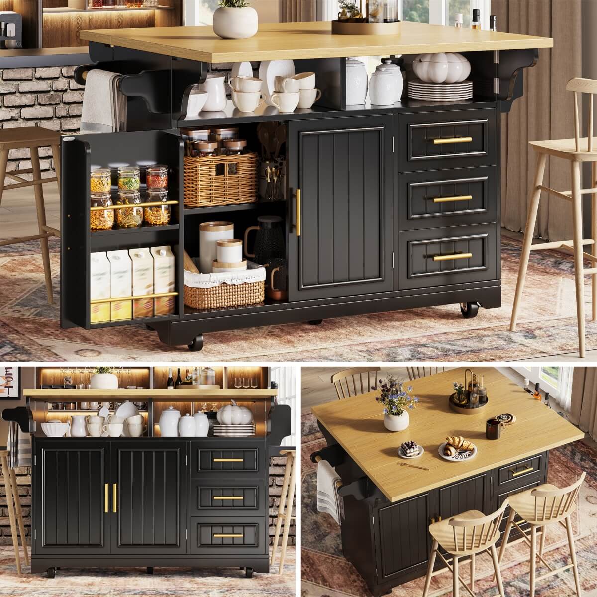 Black Kitchen Island with Extendable Dining Table - Rolling Kitchen Island with Storage Drawers, Vertical Slat Doors and Double Fold-Out Worktop