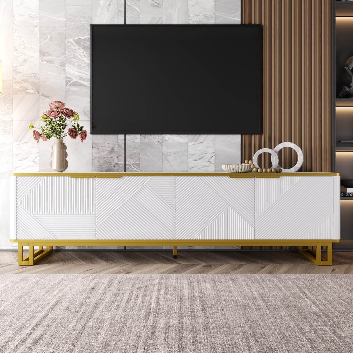 Modern TV Cabinet with 4 Doors - Geometric Texture TV Stand & Media Console,  White