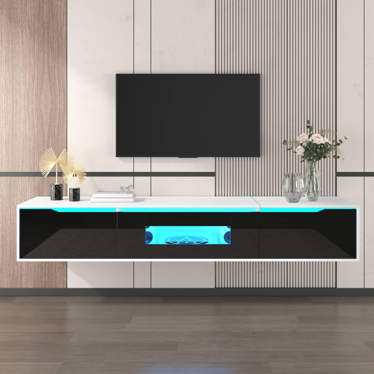 High-Gloss TV Cabinet – White & Black, LED Colour-Changing Lights