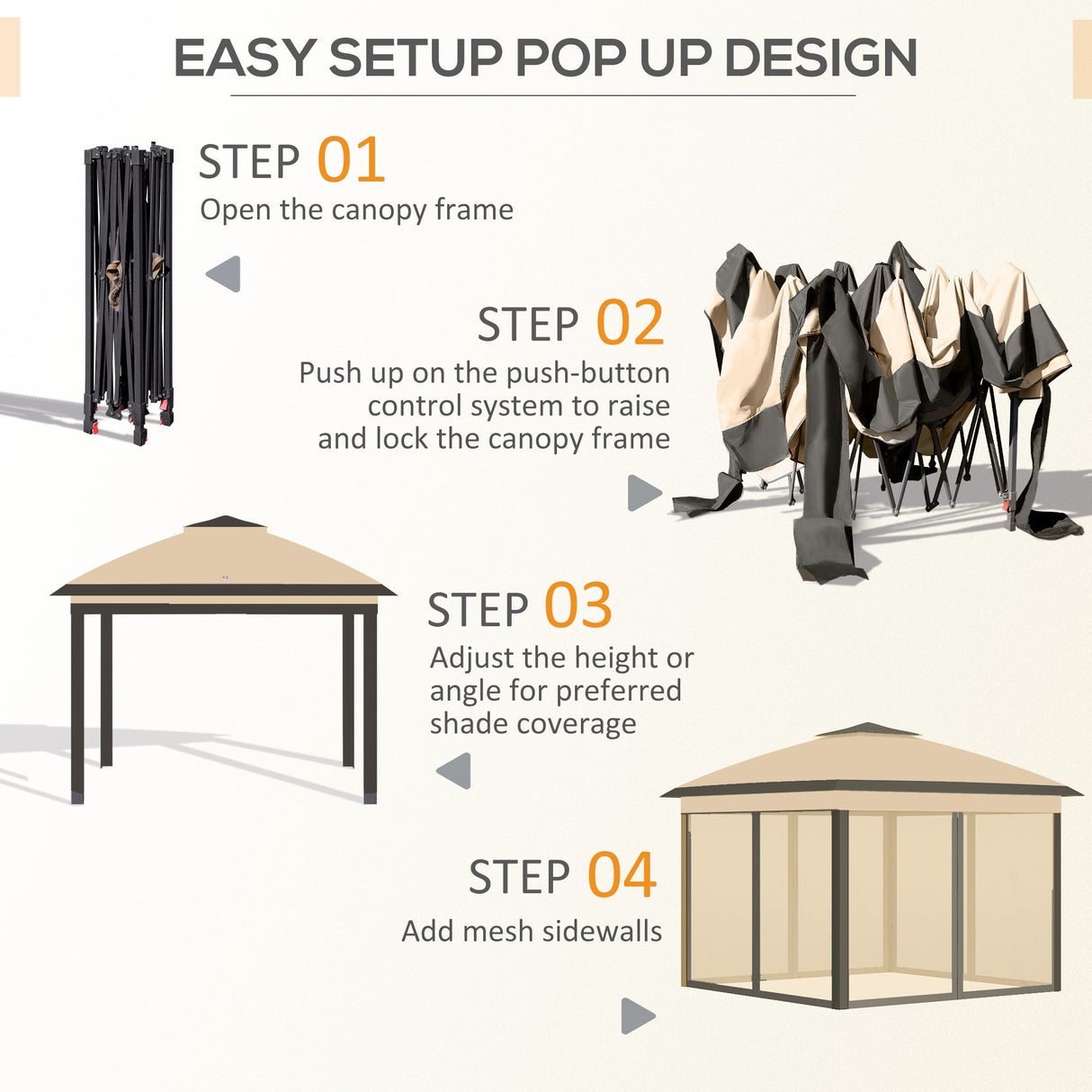 Pop Up Gazebo, 3.3 x 3.3m Double Roof Foldable with Zipped Mesh Sidewalls, Height Adjustable, Beige