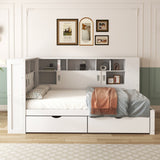 Platform Bed with Trundle, Bookcase & USB, Single 3ft, Storage Drawers and Shelves, White