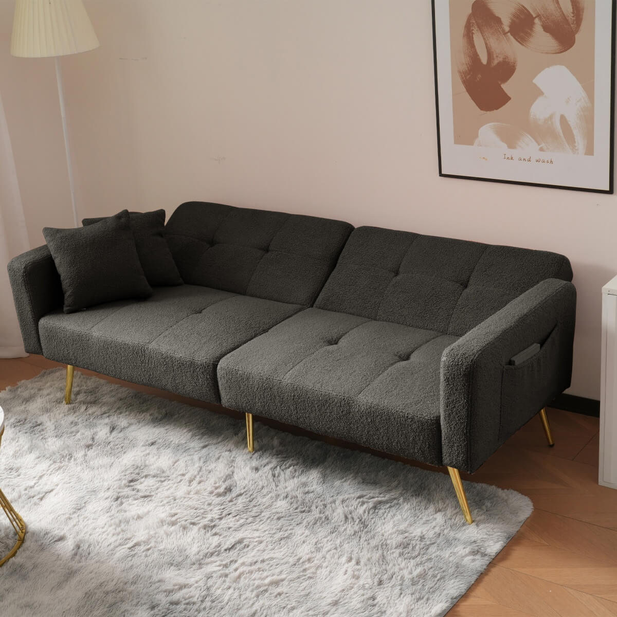 Modern Convertible Sofa Bed - Adjustable Recliner with Gold Legs and Side Storage Pockets,  Dark Gray