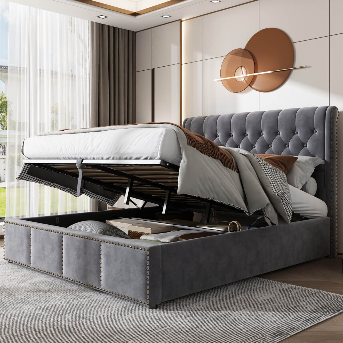 Super King Size 6ft Upholstered Ottoman Bed - Hydraulic Storage Bed with Rivet Detail, Grey Velvet