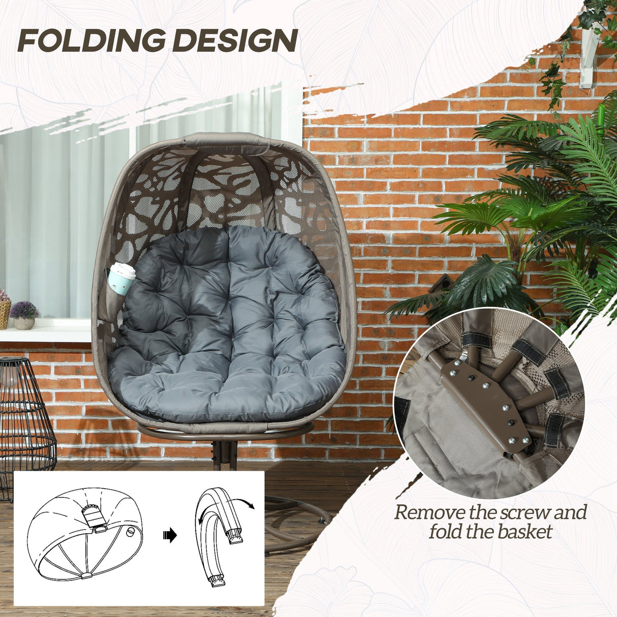 Swivel Egg Chair, Cushions Foldable Basket Metal Frame, Grey
