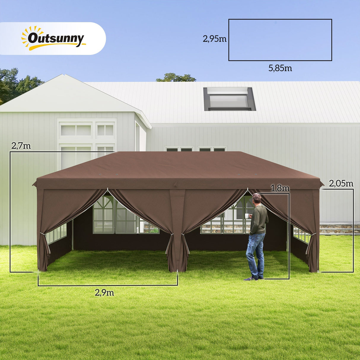 Pop Up Gazebo, 3x6m with Sides and Windows, Brown