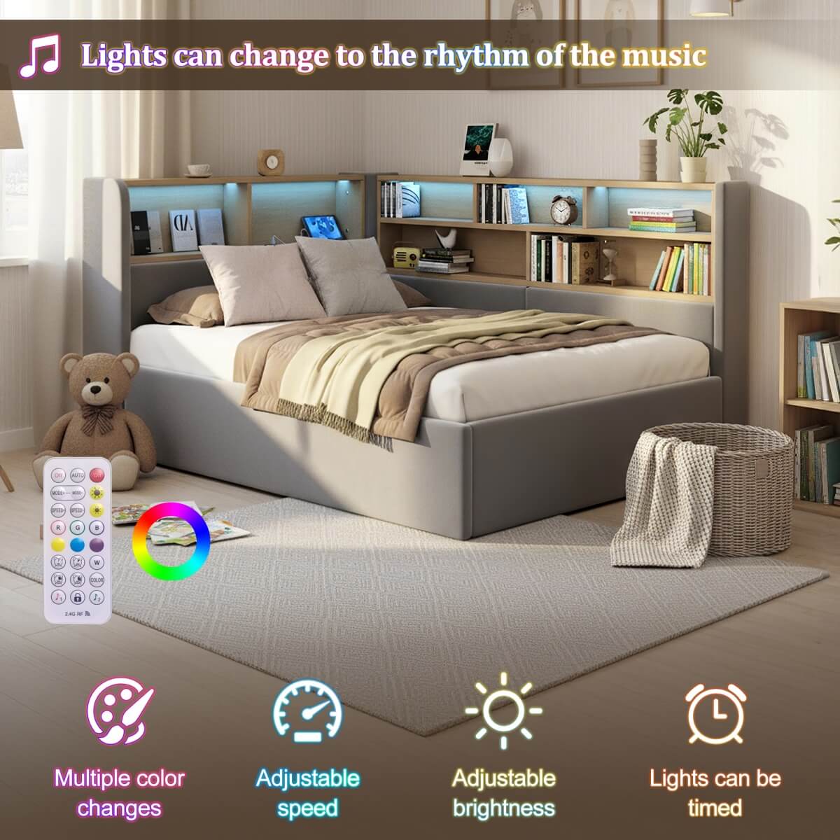 3ft Single Velvet Upholstered Daybed with Hydraulic Storage - L-Shaped Sofa Bed with LED Lights and USB Charging, Grey