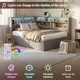 3ft Single Velvet Upholstered Daybed with Hydraulic Storage - L-Shaped Sofa Bed with LED Lights and USB Charging, Grey