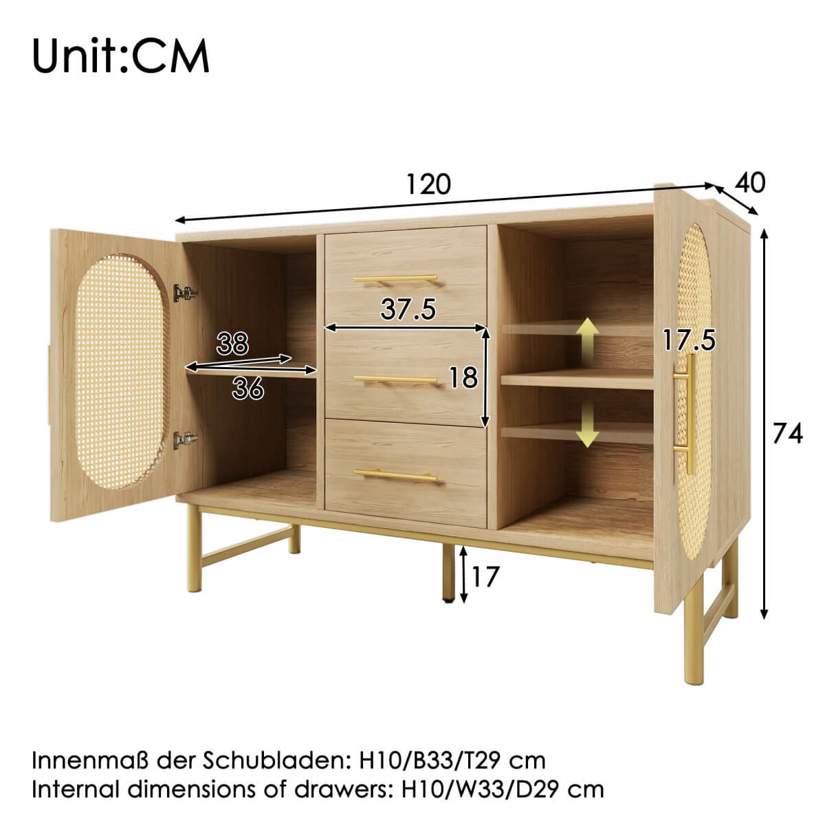 Rattan Sideboard Cabinet with 2 Doors & 3 Drawers - Wooden Storage Cupboard for Living Room, Oak