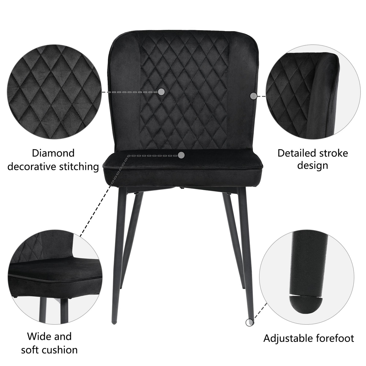 Velvet Dining Chair (2 pcs), Modern Vanity Chair with Metal Legs, Black