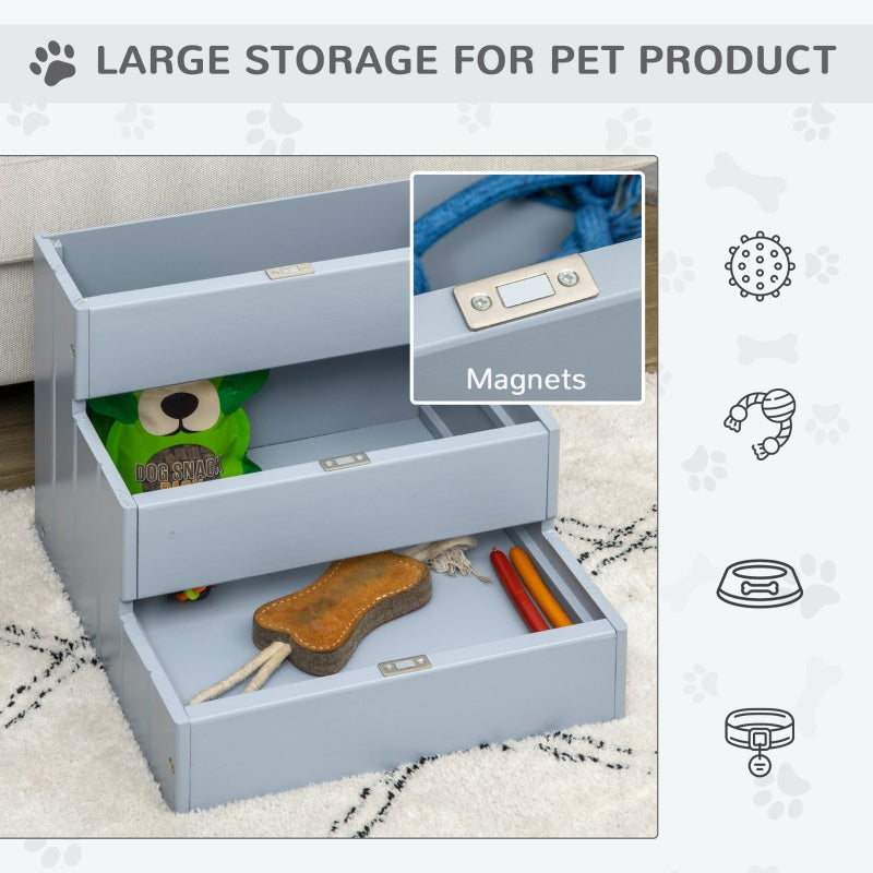 Dog Steps Pet Stairs, 3 Step Wooden with Storage, Grey