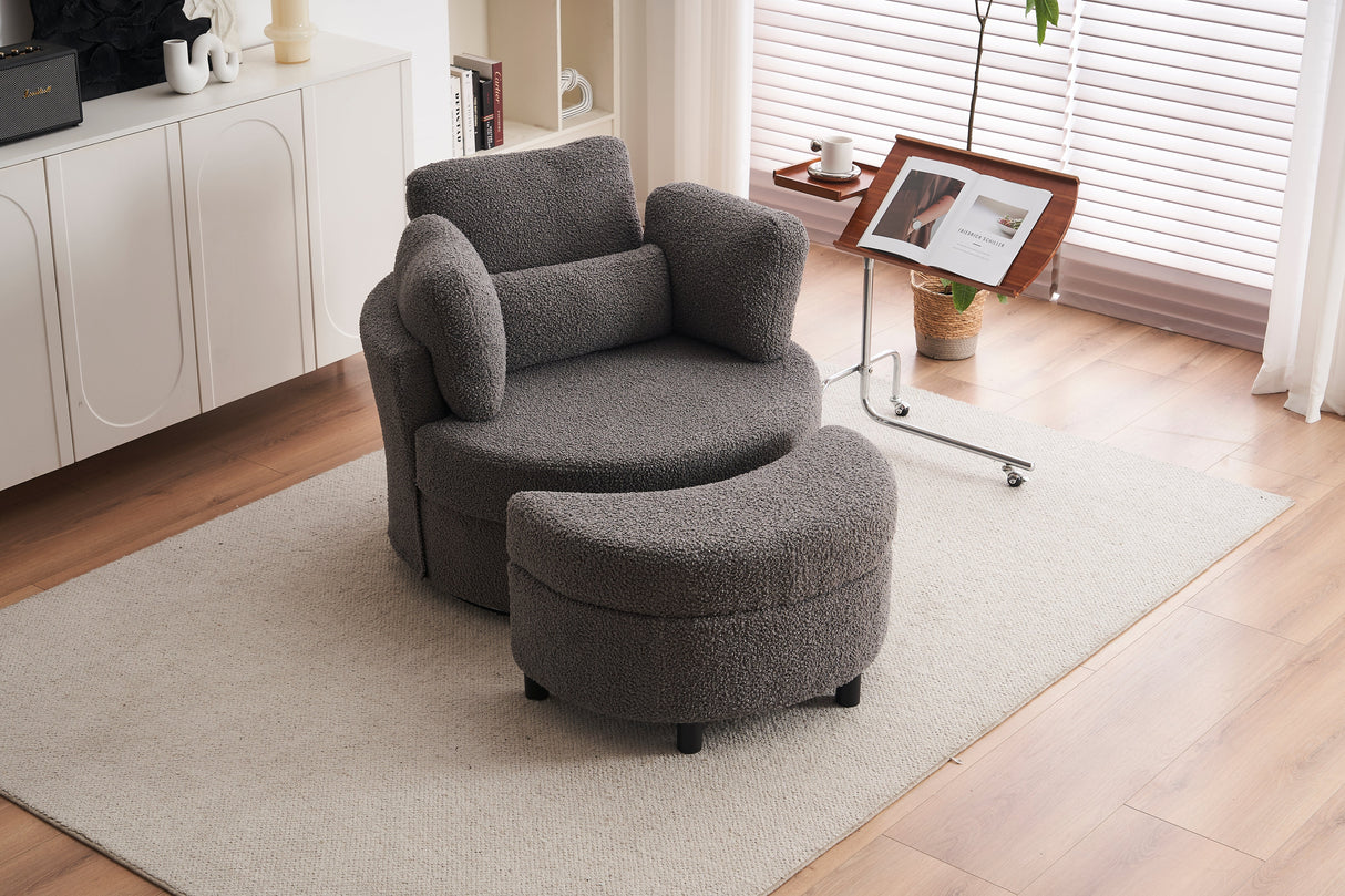 Teddy swivel armchair with 3 back cushion pillow ottoman crescent stool, Medium Grey