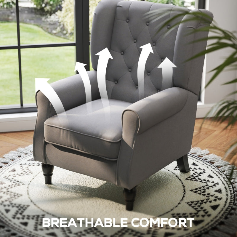 Retro Accent Chair, Wingback Armchair with Wood Frame, Dark Grey Linen