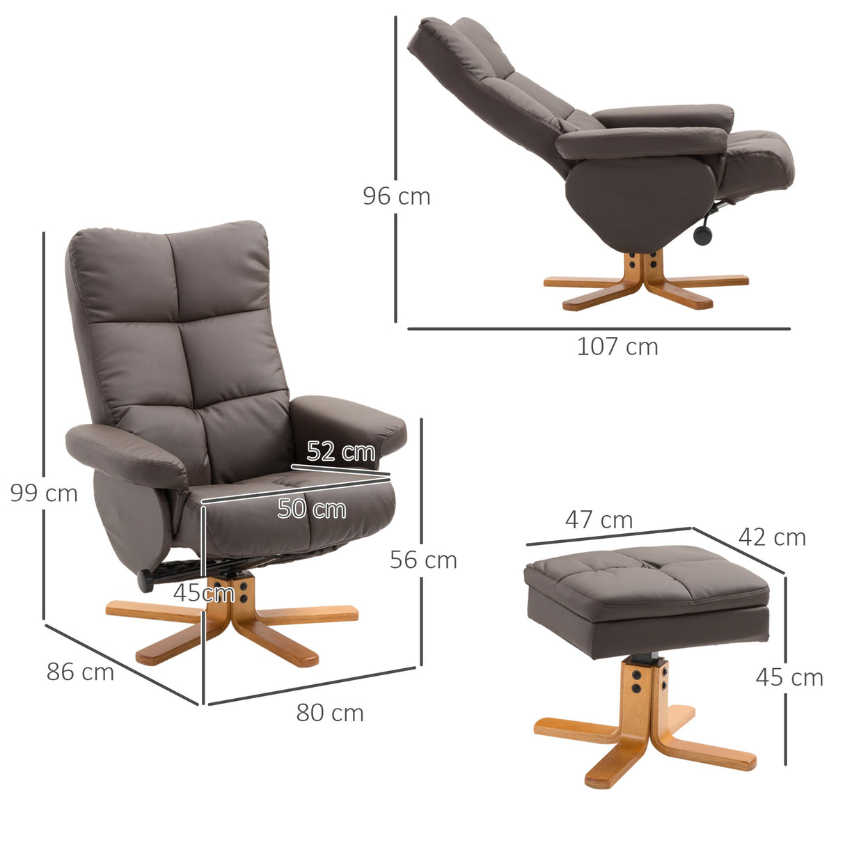 Recliner Armchair, Swivel Reclining Chair with Storage Ottoman, Faux Leather Brown