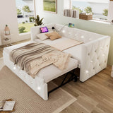 3ft Velvet Daybed with Trundle - Upholstered Sofa Bed with USB & Type-C Charging Ports, Beige