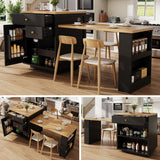 Extendable bar table with storage (122.5-195.57093.8cm), with three drawers and wine rack, kitchen island with extendable table, for 2-6 people, kitchen dining cart with side shelves, black