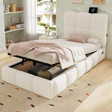 3ft Velvet Upholstered Storage Bed - Single Hydraulic Bed with Headboard, Beige